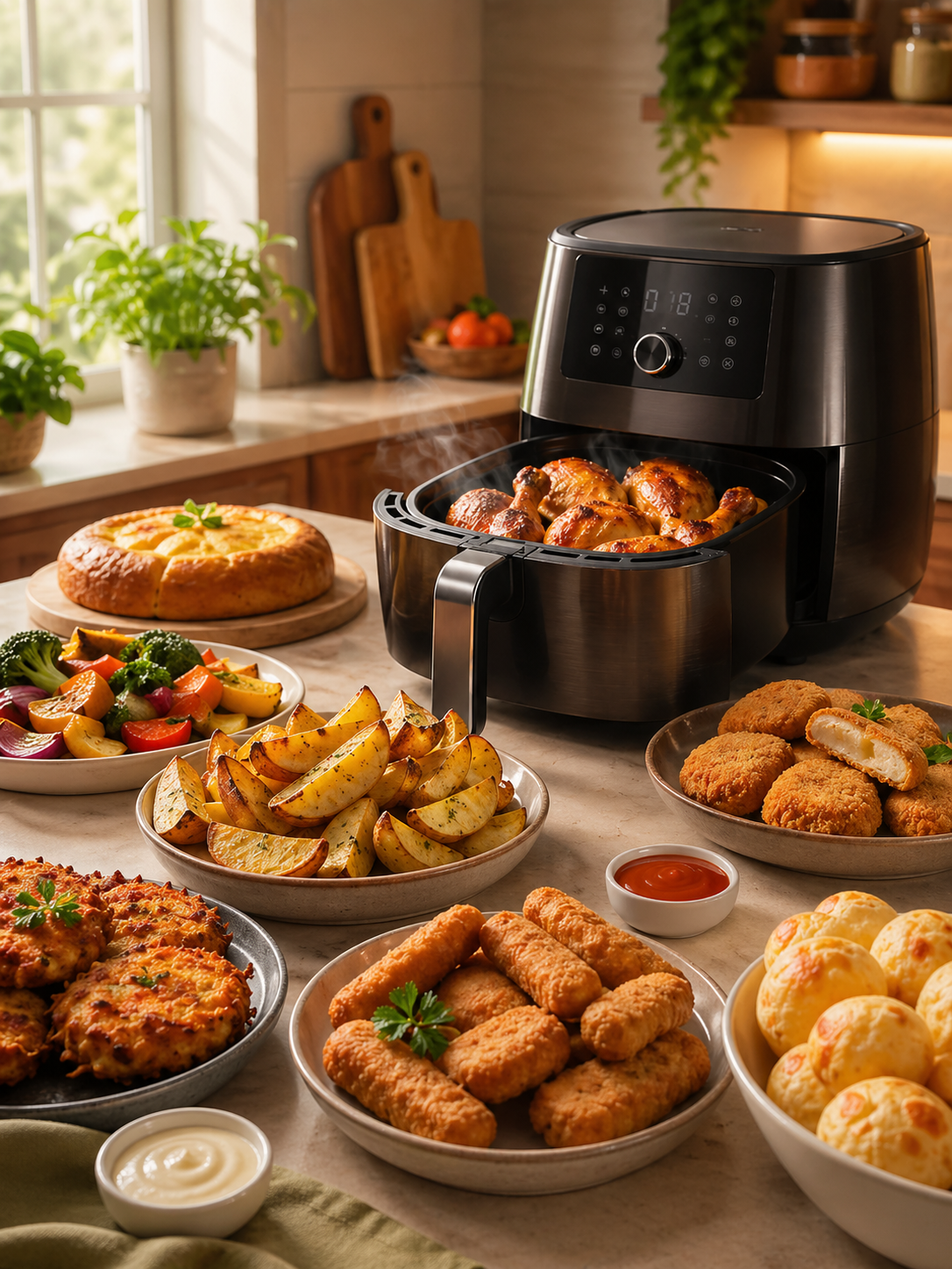 Mesa com vários pratos saudáveis prontos feitos na airfryer